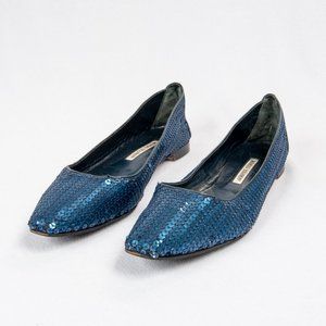 MANOLO BLAHNIK Blue Sequin Flats